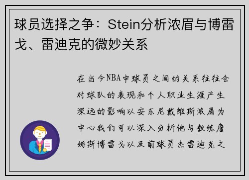 球员选择之争：Stein分析浓眉与博雷戈、雷迪克的微妙关系