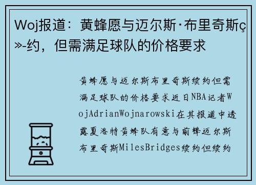 Woj报道：黄蜂愿与迈尔斯·布里奇斯续约，但需满足球队的价格要求