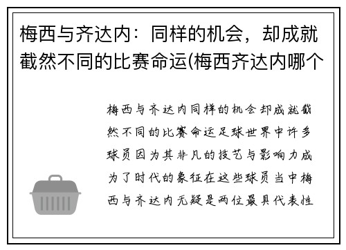 梅西与齐达内:同样的机会,却成就截然不同的比赛命运(梅西齐达内哪个厉害) 梅西与齐达内:同样的机会,却成就截然不同的比赛命运(梅西齐达内哪个厉害)
