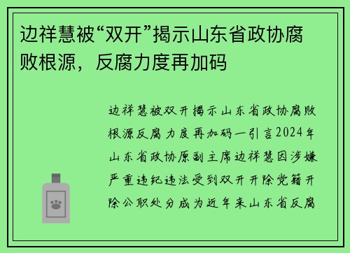 边祥慧被“双开”揭示山东省政协腐败根源,反腐力度再加码 边祥慧被“双开”揭示山东省政协腐败根源,反腐力度再加码