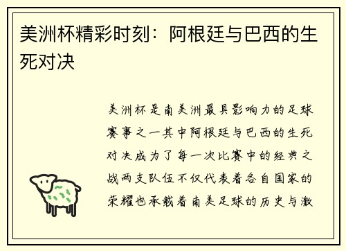 美洲杯精彩时刻：阿根廷与巴西的生死对决