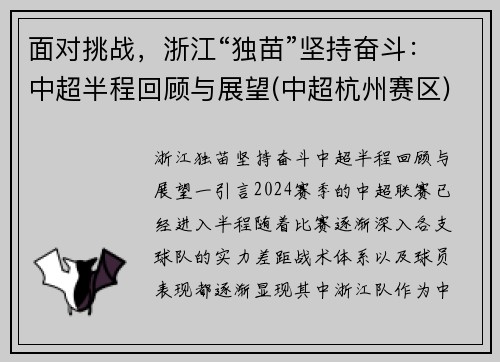 面对挑战，浙江“独苗”坚持奋斗：中超半程回顾与展望(中超杭州赛区)