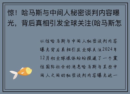 惊！哈马斯与中间人秘密谈判内容曝光，背后真相引发全球关注(哈马斯怎么了)