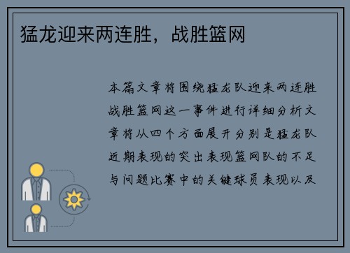 猛龙迎来两连胜，战胜篮网